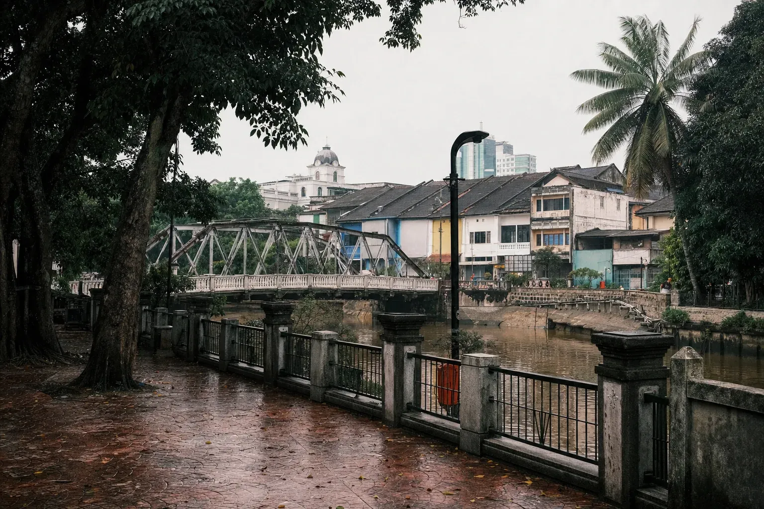 AI-created editorial interpretation of a shaded riverside walk and old bridge in Klang after rain