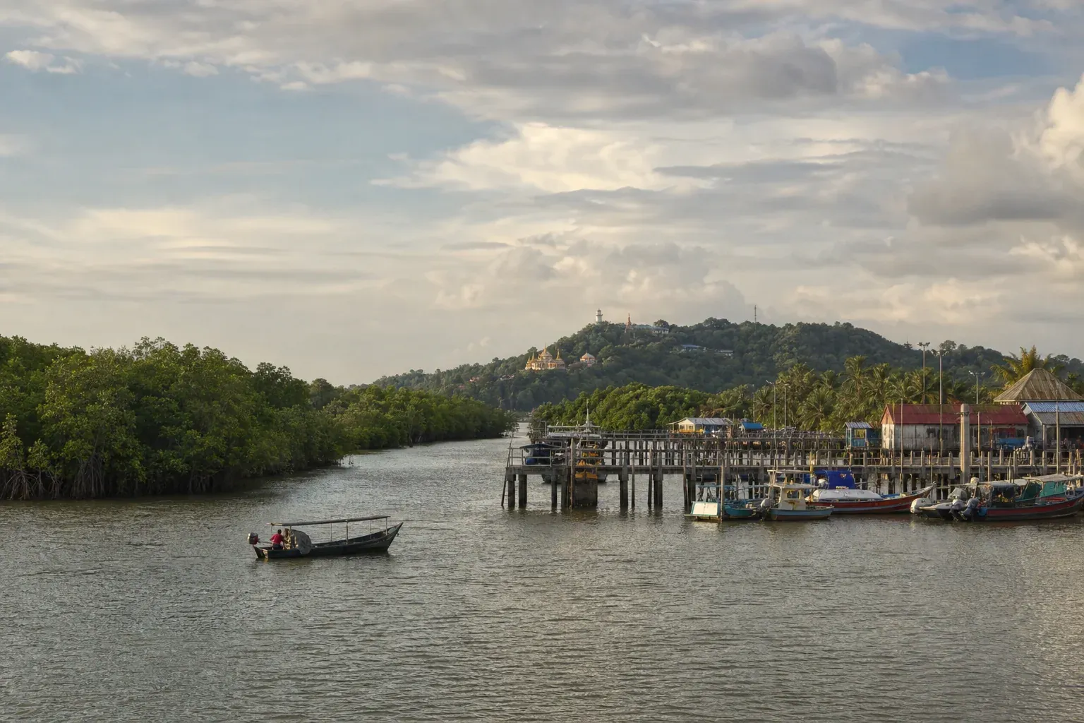 AI-created editorial interpretation of Kuala Selangor's mangrove estuary, fishing-town edge and distant hill